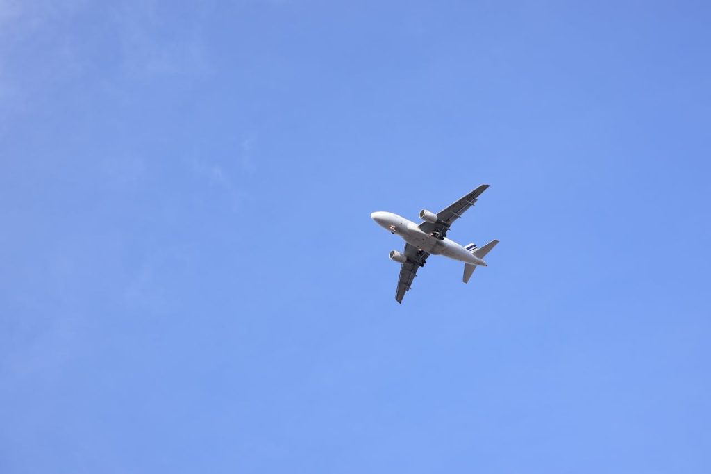 A commercial airplane flying high against a clear blue sky.